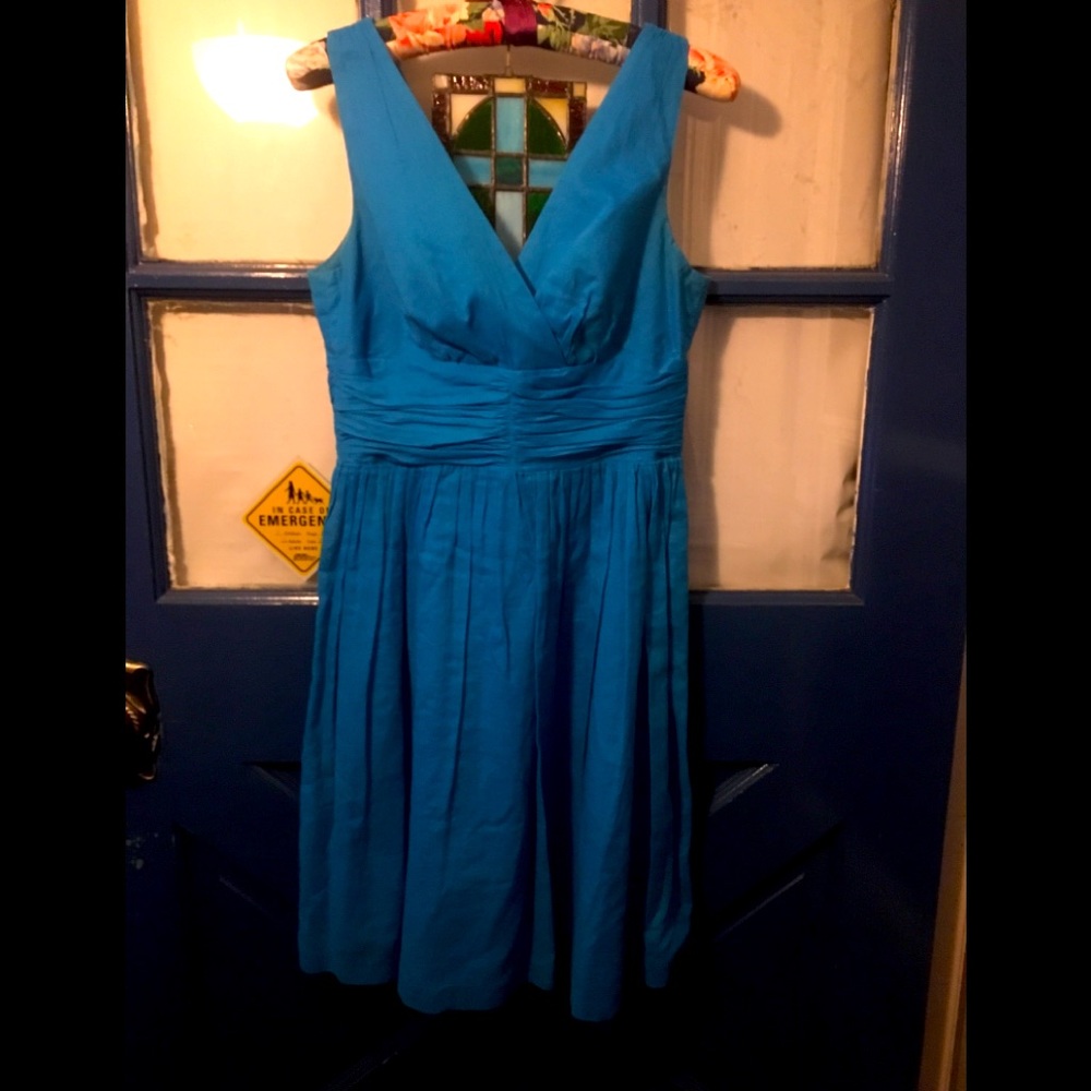 👗DKNY DRESS SZ 4 Brilliant Bright Blue Empire Waist Pleated & Gathered Ex Cond